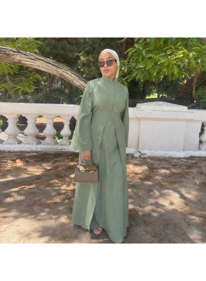 Women Sage Green Mandarin Collar Frog Button 2 Piece Abaya Set Flared Sleeve Loose Maxi Dress - Image 1