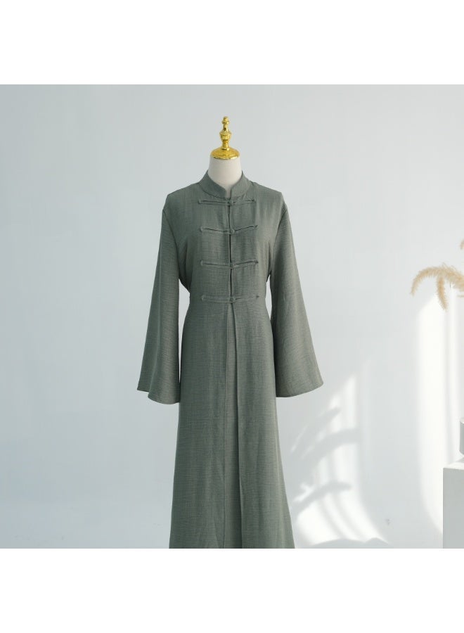 Women Sage Green Mandarin Collar Frog Button 2 Piece Abaya Set Flared Sleeve Loose Maxi Dress - Image 5
