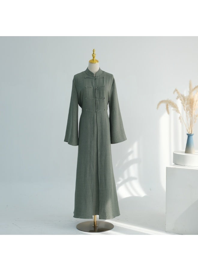 Women Sage Green Mandarin Collar Frog Button 2 Piece Abaya Set Flared Sleeve Loose Maxi Dress - Image 2