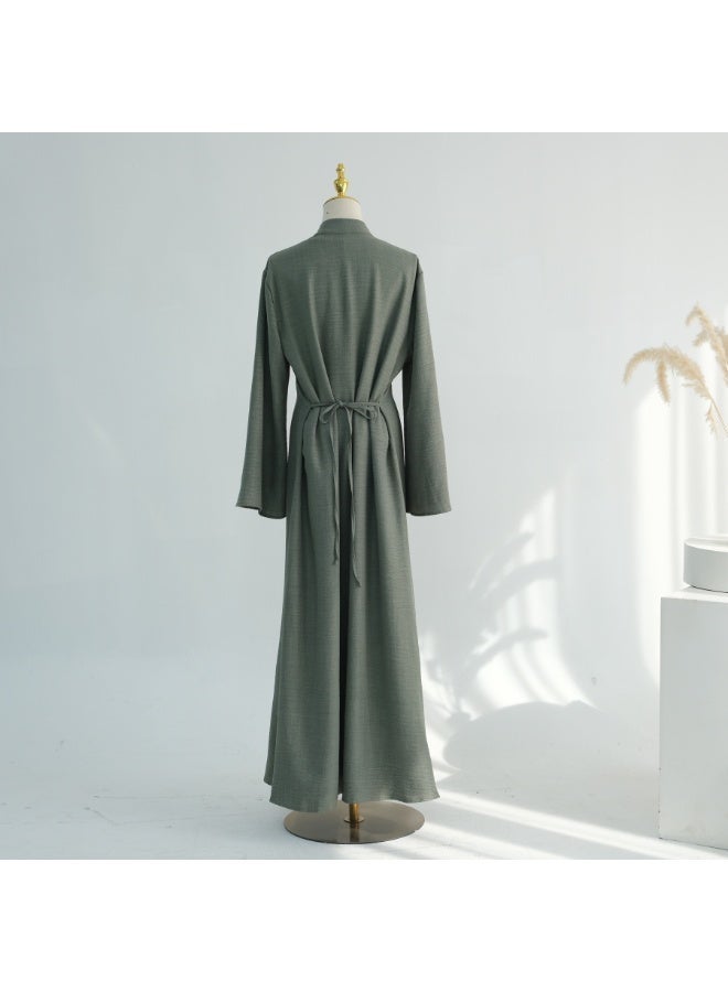 Women Sage Green Mandarin Collar Frog Button 2 Piece Abaya Set Flared Sleeve Loose Maxi Dress - Image 3