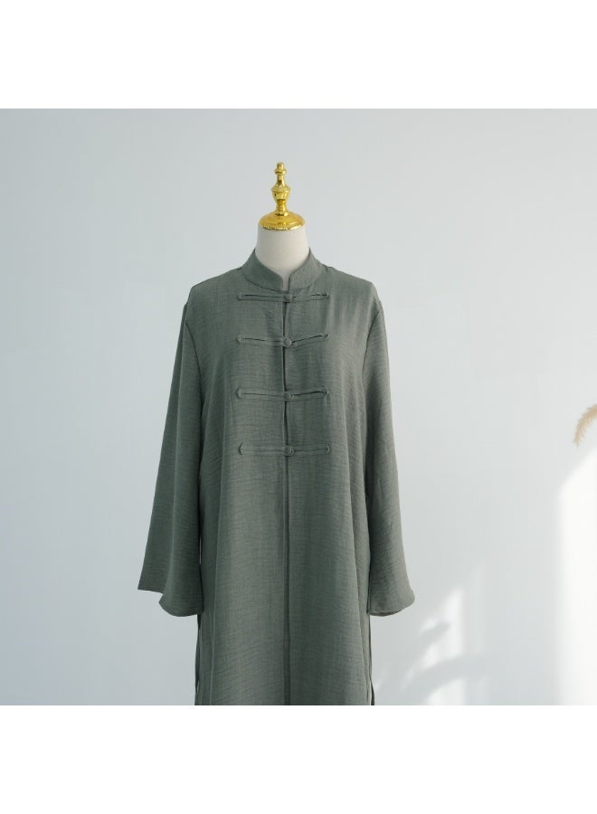 Women Sage Green Mandarin Collar Frog Button 2 Piece Abaya Set Flared Sleeve Loose Maxi Dress - Image 4