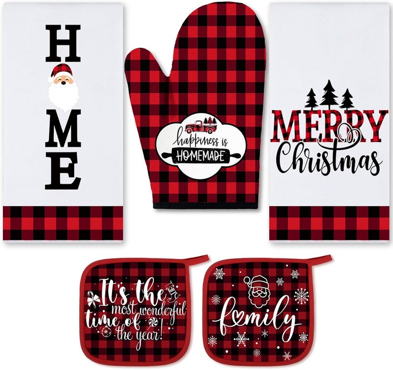 Rtteri 5 Pcs Christmas Red and Black Buffalo Plaid Kitchen Towels Oven Mitts and Pot Holders Sets Xmas Mittens Oven Glove Potholders for Winter Holiday Farmhouse Kitchen Decoration and Accessories - Image 1
