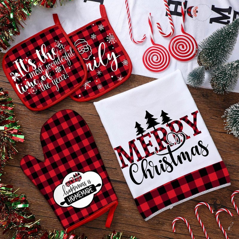 Rtteri 5 Pcs Christmas Red and Black Buffalo Plaid Kitchen Towels Oven Mitts and Pot Holders Sets Xmas Mittens Oven Glove Potholders for Winter Holiday Farmhouse Kitchen Decoration and Accessories - Image 4