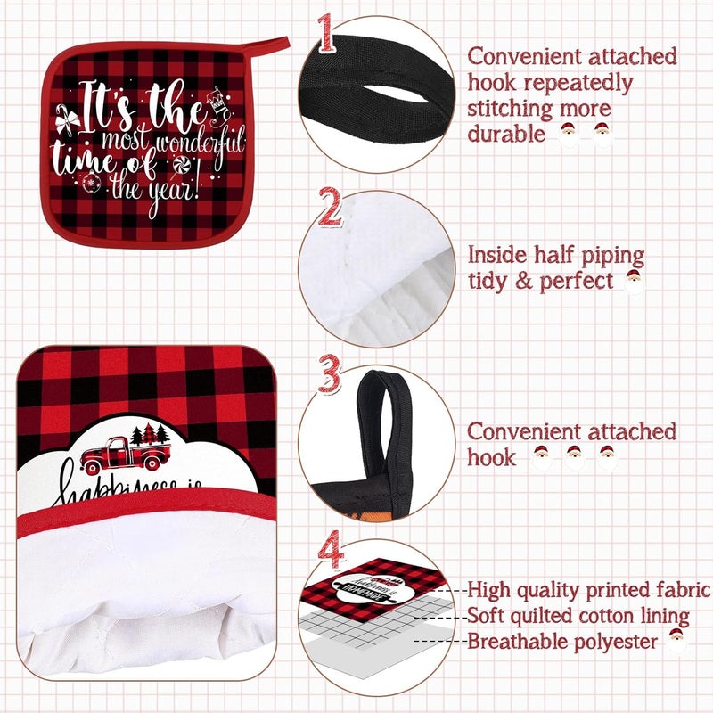Rtteri 5 Pcs Christmas Red and Black Buffalo Plaid Kitchen Towels Oven Mitts and Pot Holders Sets Xmas Mittens Oven Glove Potholders for Winter Holiday Farmhouse Kitchen Decoration and Accessories - Image 3