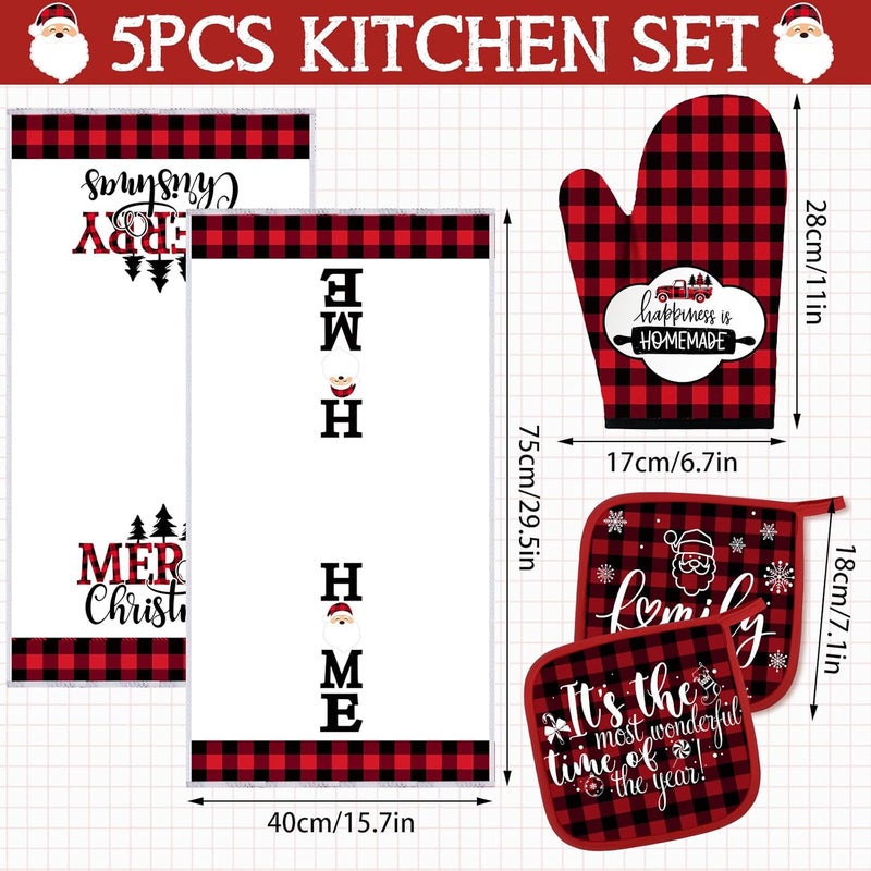 Rtteri 5 Pcs Christmas Red and Black Buffalo Plaid Kitchen Towels Oven Mitts and Pot Holders Sets Xmas Mittens Oven Glove Potholders for Winter Holiday Farmhouse Kitchen Decoration and Accessories - Image 2