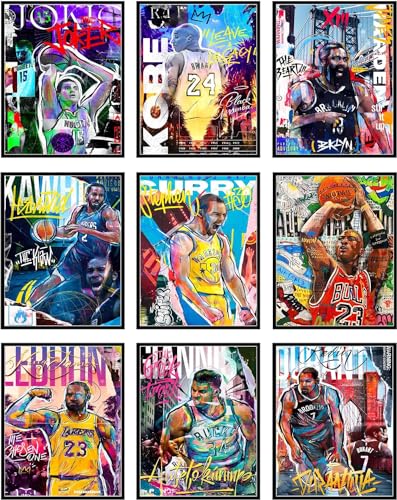 RMISODO Basketball Stars Wall Art, Prints Basketball Sports Poster, Kobe Byrant Curry James Lebron James Steph Harden Kevin Durant - Set of 9 (Unframed 8"x10") - Image 1