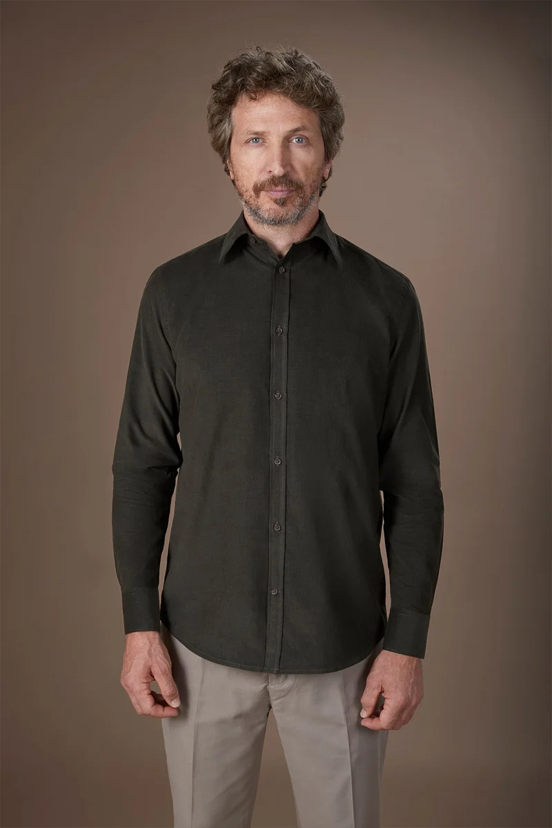 Men's casual shirt in 100% cotton 1000 Stripe velvet fabric plain colour - Military