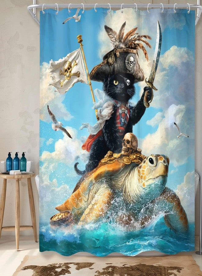 Cinbloo Funny Cat 60Wx72H Shower Curtain Riding Turtle Surfing Pirate Hilarious Beach Ocean Sea Waves Blue Sky Cloud Seagull Animals Bathroom Curtain Set Kids Boys Bath Bathroom Accessories Decor - Image 1