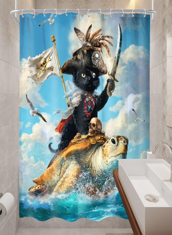 Cinbloo Funny Cat 60Wx72H Shower Curtain Riding Turtle Surfing Pirate Hilarious Beach Ocean Sea Waves Blue Sky Cloud Seagull Animals Bathroom Curtain Set Kids Boys Bath Bathroom Accessories Decor - Image 4