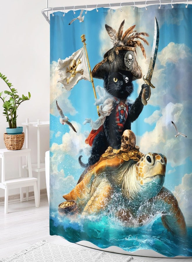 Cinbloo Funny Cat 60Wx72H Shower Curtain Riding Turtle Surfing Pirate Hilarious Beach Ocean Sea Waves Blue Sky Cloud Seagull Animals Bathroom Curtain Set Kids Boys Bath Bathroom Accessories Decor - Image 3
