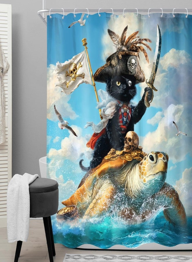 Cinbloo Funny Cat 60Wx72H Shower Curtain Riding Turtle Surfing Pirate Hilarious Beach Ocean Sea Waves Blue Sky Cloud Seagull Animals Bathroom Curtain Set Kids Boys Bath Bathroom Accessories Decor - Image 2