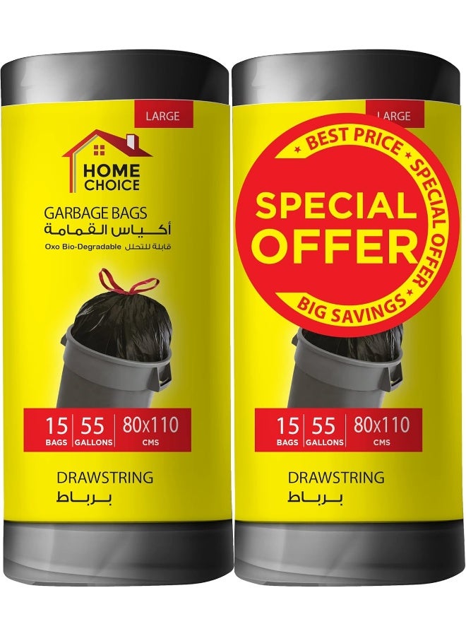 HOME CHOICE 55 Gallons, Pack of 30-Pieces, Size 80*110 cm,(15 Trash Bags X 2 Rolls), Drawstring Garbage Bags Rolls, Bio-Degradable, Bin Liners with Ribbon Neck Tie  - Image 1