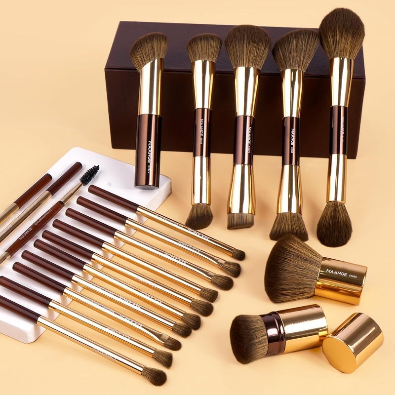 MAANGE 20 Pcs Makeup Brushes with Gift Box, Double-End Multi-functional Makeup Brushes for Blending Liquid Powder Concealer Cream Blush Buffe,Coffee Gold - Image 2