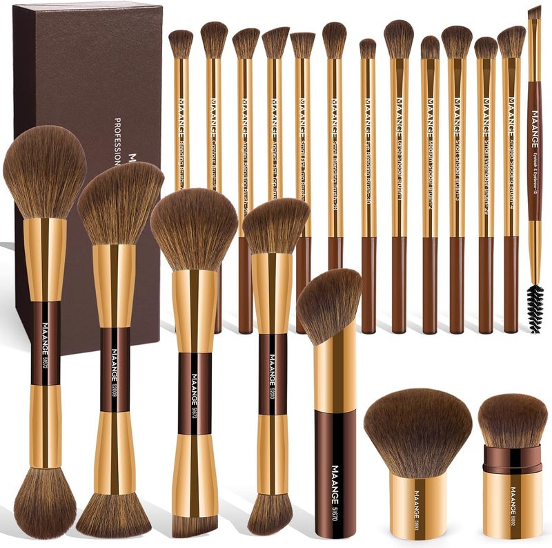 MAANGE 20 Pcs Makeup Brushes with Gift Box, Double-End Multi-functional Makeup Brushes for Blending Liquid Powder Concealer Cream Blush Buffe,Coffee Gold - Image 1