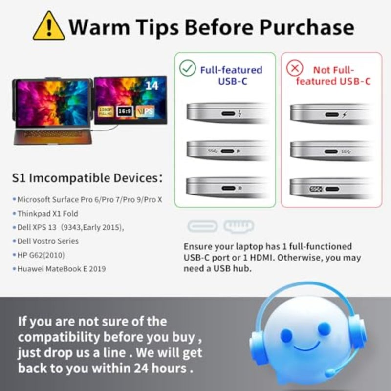 شاشة محمولة مقاس 14 بوصة، شاشة FHD 1080P IPS مزدوجة، توصيل HDMI/USB-A/USB-C، ملحق شاشة محمول لنظام التشغيل Windows، Chrome، Mac وNS - Image 5