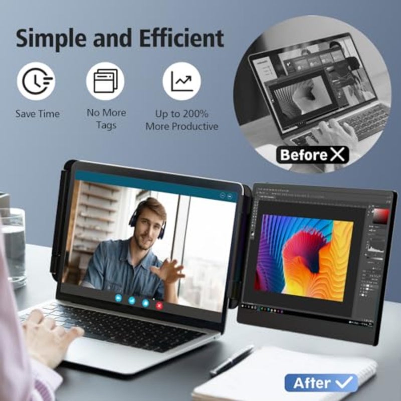 شاشة محمولة مقاس 14 بوصة، شاشة FHD 1080P IPS مزدوجة، توصيل HDMI/USB-A/USB-C، ملحق شاشة محمول لنظام التشغيل Windows، Chrome، Mac وNS - Image 3