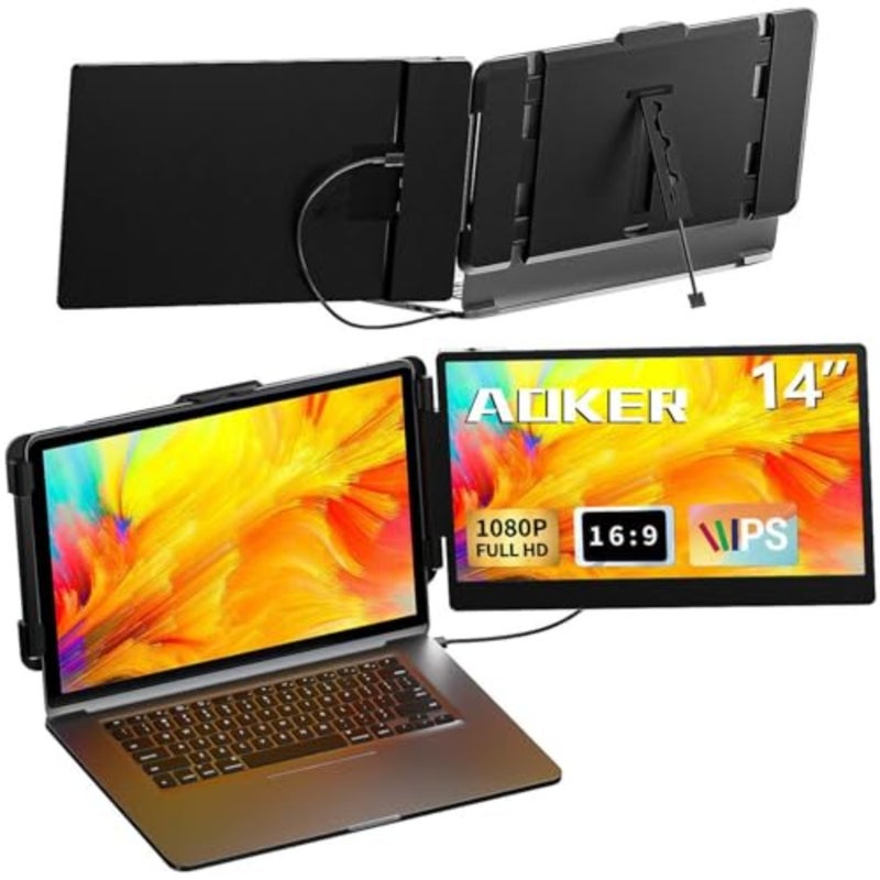 شاشة محمولة مقاس 14 بوصة، شاشة FHD 1080P IPS مزدوجة، توصيل HDMI/USB-A/USB-C، ملحق شاشة محمول لنظام التشغيل Windows، Chrome، Mac وNS - Image 1