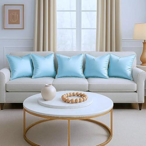 RD TREND® Satin Cushion Covers 16 Inch x 16 Inch | Decorative Throw Pillows for Sofa, Couch, Living Room, Home Décor Cushion Cover Set of 5 (Aqua) - Image 2
