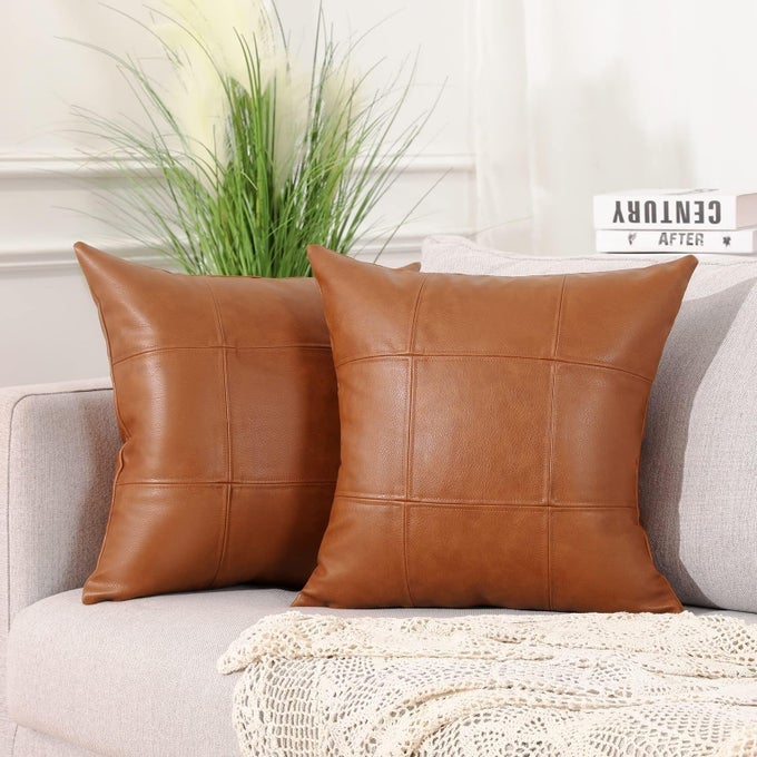 SET OF 2 CLASSIC PLAID FAUX LEATHER DECORATIVE THROW PILLOW COVERSHAND STITCHED MODERN LUXURY VEGAN OUTDOOR CUSHION CASES PILLOWCASES FOR COUCH SOFA BED FARMHOUSE 18X18 INCHES BROWN