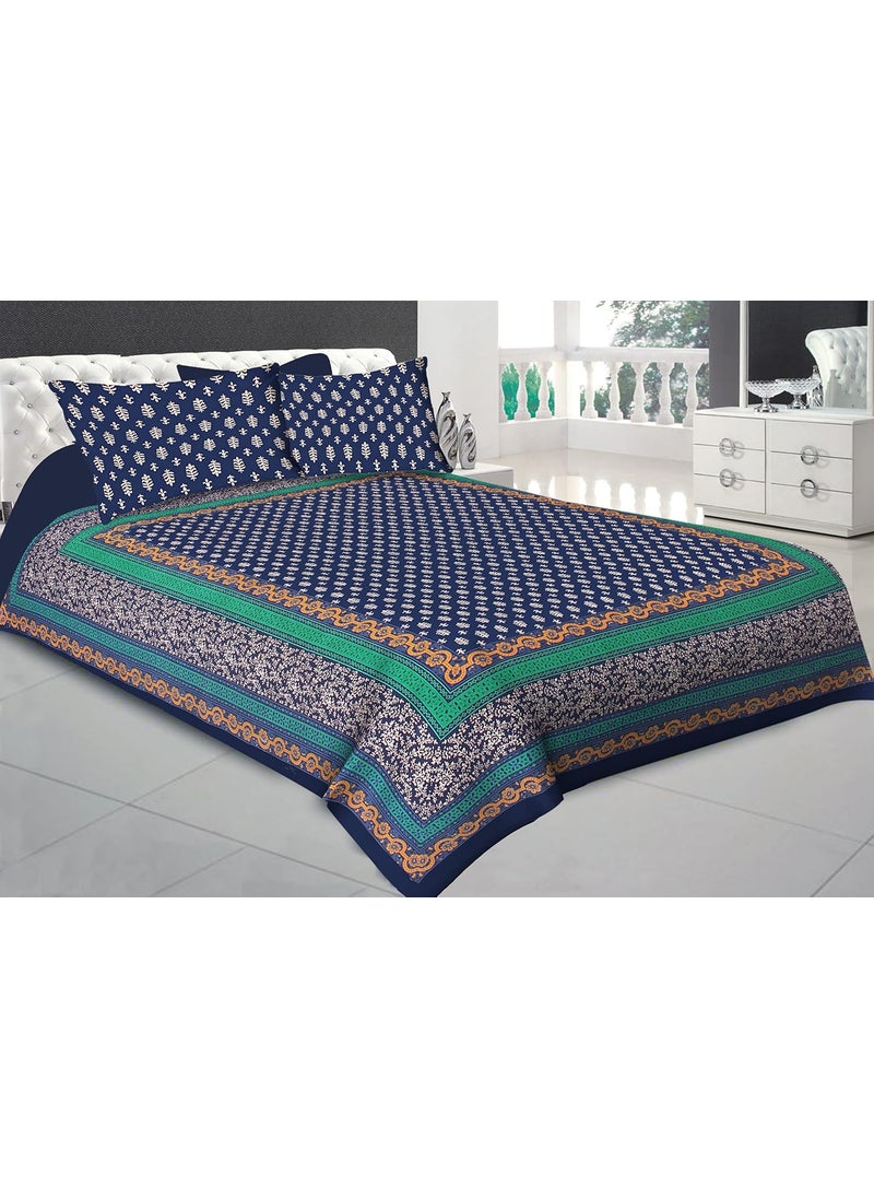 Queenie Queenie Brand 100 Cotton Comfort 144 TC Hand Block Print Rajasthani Jaipuri Traditional King Size Bedsheet for Double Bed with 2 Pillow Covers Black King Size  - Image 1