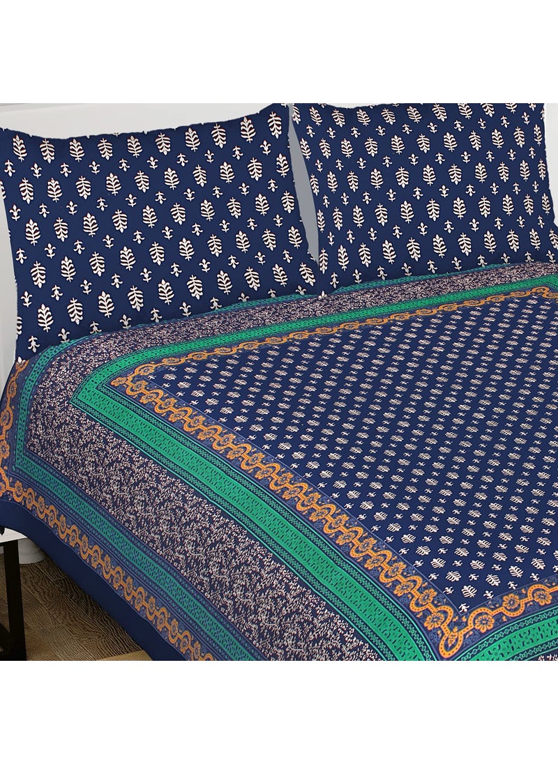 Queenie Queenie Brand 100 Cotton Comfort 144 TC Hand Block Print Rajasthani Jaipuri Traditional King Size Bedsheet for Double Bed with 2 Pillow Covers Black King Size  - Image 2