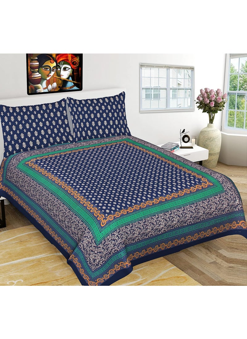 Queenie Queenie Brand 100 Cotton Comfort 144 TC Hand Block Print Rajasthani Jaipuri Traditional King Size Bedsheet for Double Bed with 2 Pillow Covers Black King Size  - Image 5