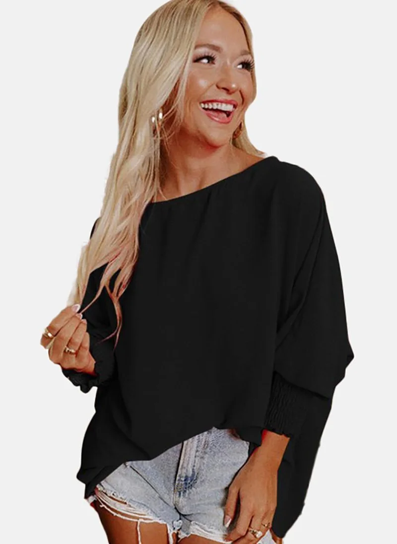 يونيكي Black Solid Long Sleeve Boat Neck Tunics