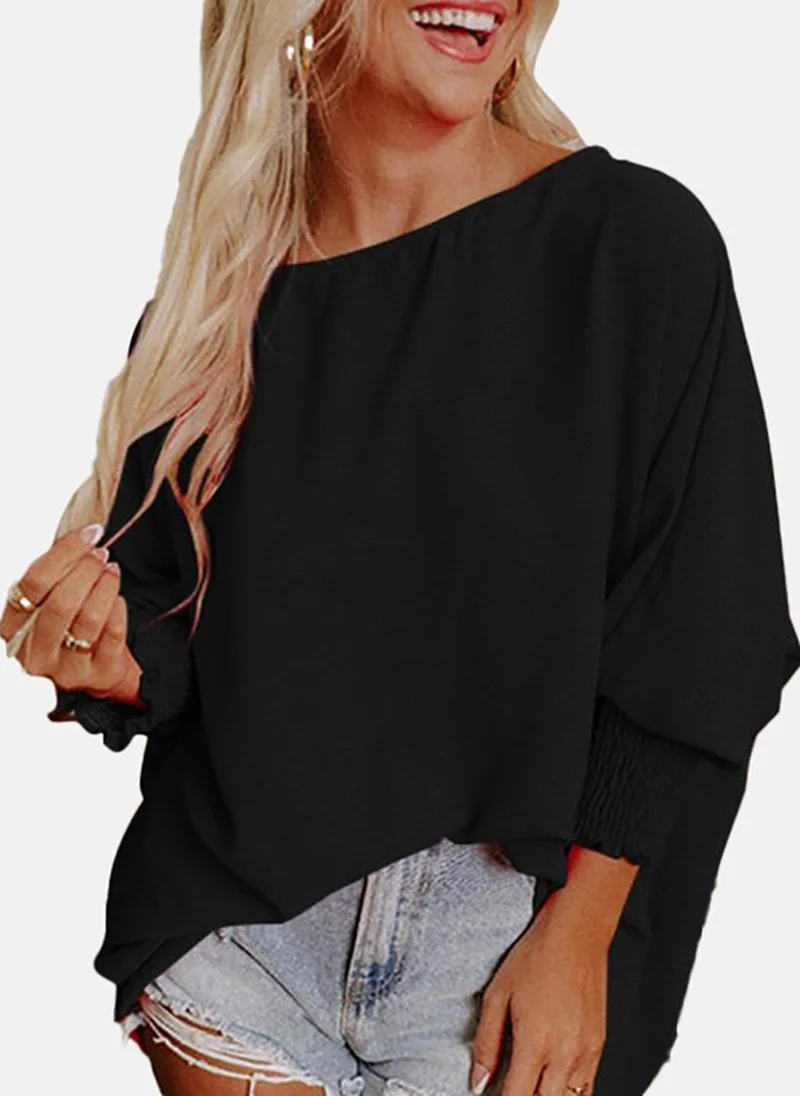 يونيكي Black Solid Long Sleeve Boat Neck Tunics