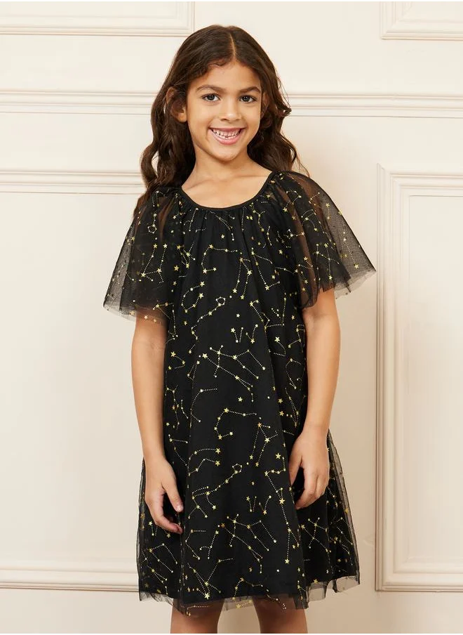 Styli Constellation Stars Embellished Mesh Layer Tunic Dress