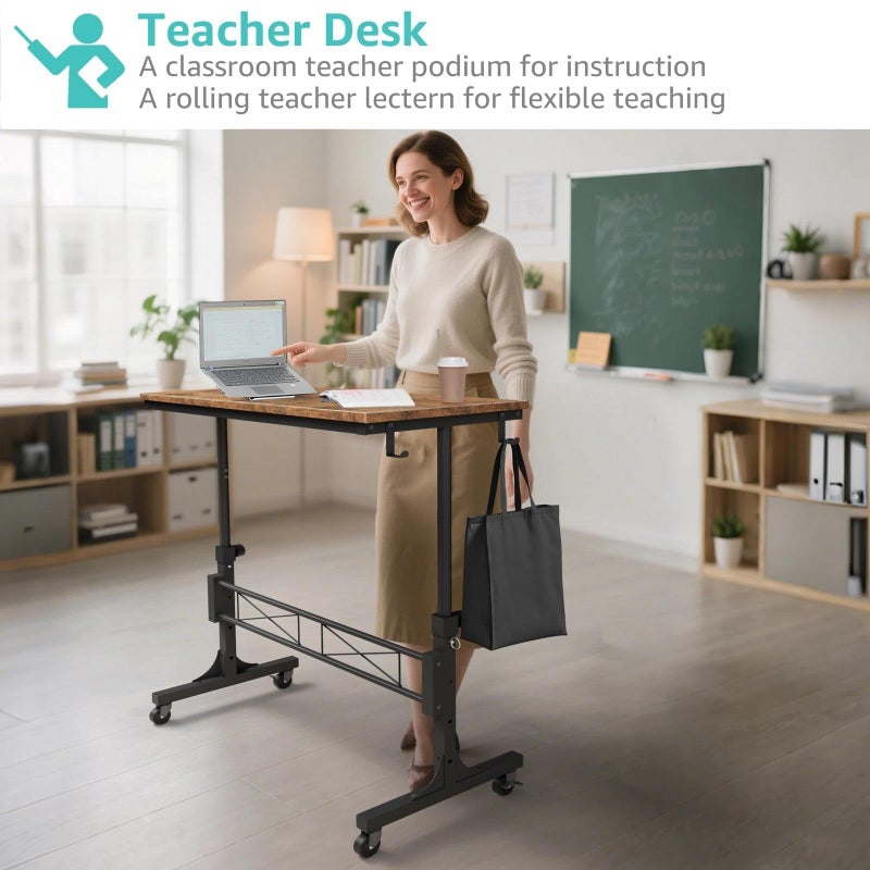 WINAZ Small Portable Rolling Standing Desk - 32 Inch Adjustable Height Mobile Stand Up Desks with Wheels for Treadmill Walking Pad, Teacher Podium for Classroom, Couch Sofa Side Laptop Table, Rustic Brown - Image 2