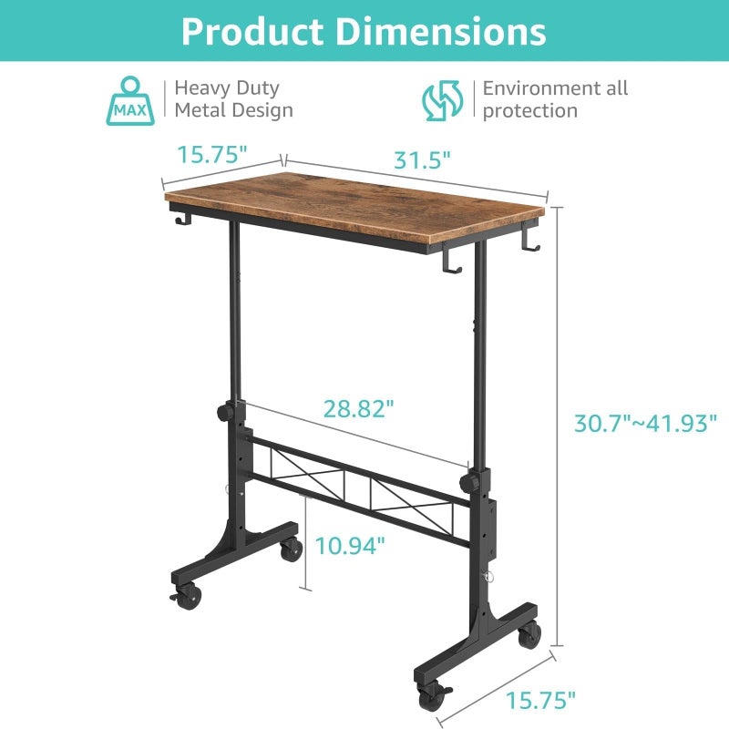 WINAZ Small Portable Rolling Standing Desk - 32 Inch Adjustable Height Mobile Stand Up Desks with Wheels for Treadmill Walking Pad, Teacher Podium for Classroom, Couch Sofa Side Laptop Table, Rustic Brown - Image 3