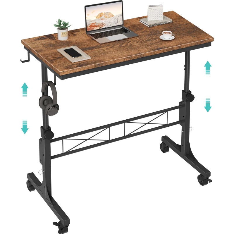WINAZ Small Portable Rolling Standing Desk - 32 Inch Adjustable Height Mobile Stand Up Desks with Wheels for Treadmill Walking Pad, Teacher Podium for Classroom, Couch Sofa Side Laptop Table, Rustic Brown - Image 1