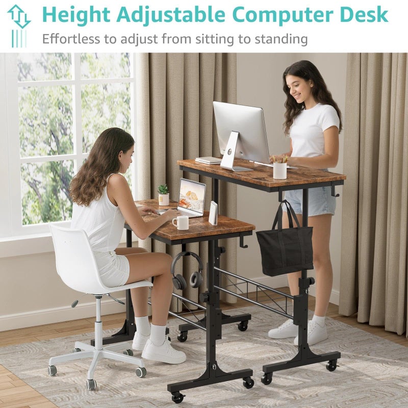 WINAZ Small Portable Rolling Standing Desk - 32 Inch Adjustable Height Mobile Stand Up Desks with Wheels for Treadmill Walking Pad, Teacher Podium for Classroom, Couch Sofa Side Laptop Table, Rustic Brown - Image 5