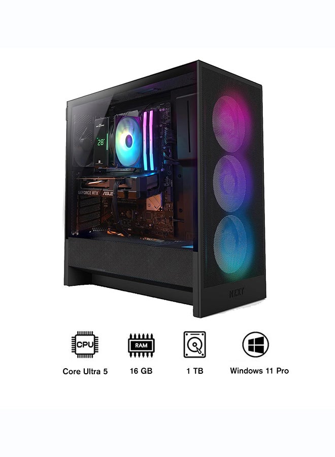 انفني ارك INFINIARC 5060ti جهاز كمبيوتر مكتبي للألعاب (Intel Core Ultra 5, RTX 5060ti 8G GPU, 16GB DDR5 RAM, 1TB SSD, لوحة أم B860, صندوق NZXT H5, مبرد هوائي رقمي ARGB, مزود طاقة 750W Gold, Windows PRO) أسود - Image 1
