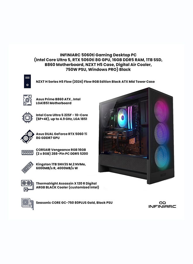انفني ارك INFINIARC 5060ti جهاز كمبيوتر مكتبي للألعاب (Intel Core Ultra 5, RTX 5060ti 8G GPU, 16GB DDR5 RAM, 1TB SSD, لوحة أم B860, صندوق NZXT H5, مبرد هوائي رقمي ARGB, مزود طاقة 750W Gold, Windows PRO) أسود - Image 2