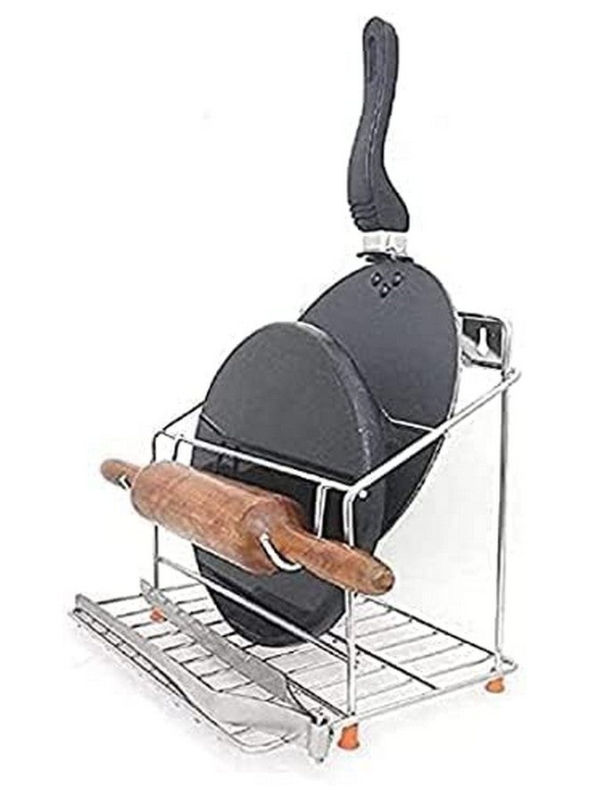 12FOR COLLECTION Stainless Steel Chakla Belan and Tawa Stand for Kitchen, 4 in 1 Chakla Belan Stand with Chimta and Rolling Pin Board Holder - Image 1