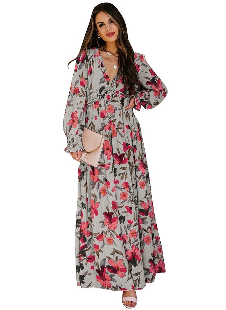 Loquat Thin Gauze Floral Long Sleeved Dress 
