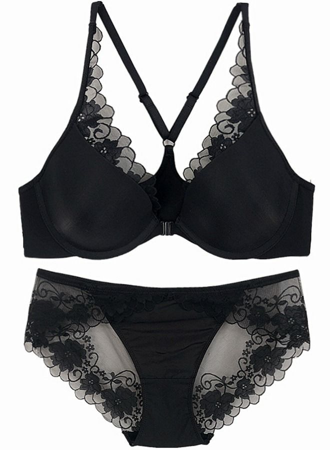 Loquat Solid Color Thin Cup Front Buckle Bra And Panty Set Black 