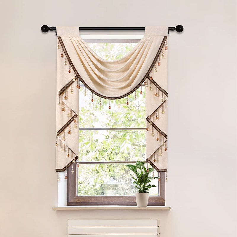 ELKCA Beige Chenille Waterfall Valance for Living RoomSingle Hollow Swag Valance for Bedroom Kitchen Curtains Rod Pocket 1 Panel