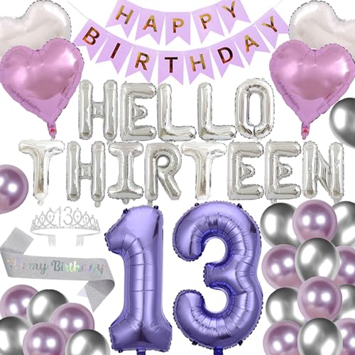 DUFACAI 13th Birthday Party Decorations Hello Thirteen Birthday Party Balloons Silver 13th Birthday Tiara Sash Happy Birthday Banner for 13 Year Old Girls Birthday Party Supplies Purple - Image 1