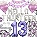 DUFACAI 13th Birthday Party Decorations Hello Thirteen Birthday Party Balloons Silver 13th Birthday Tiara Sash Happy Birthday Banner for 13 Year Old Girls Birthday Party Supplies Purple - Image 2