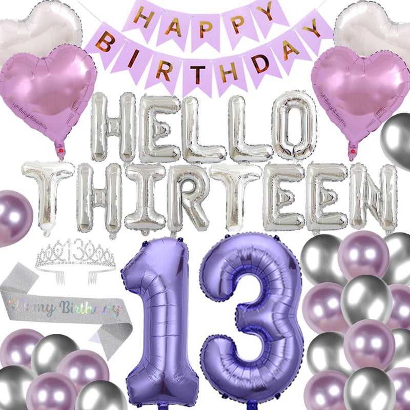 DUFACAI 13th Birthday Party Decorations Hello Thirteen Birthday Party Balloons Silver 13th Birthday Tiara Sash Happy Birthday Banner for 13 Year Old Girls Birthday Party Supplies Purple - Image 3