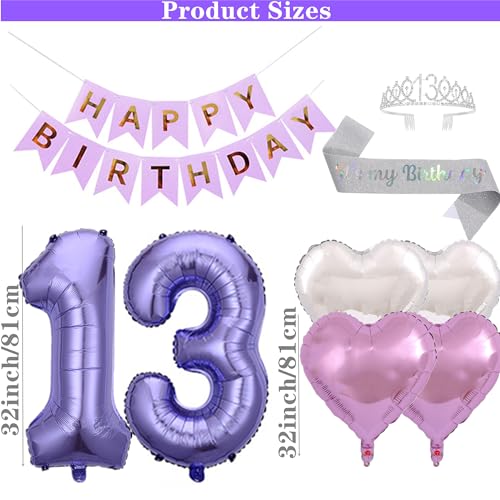 DUFACAI 13th Birthday Party Decorations Hello Thirteen Birthday Party Balloons Silver 13th Birthday Tiara Sash Happy Birthday Banner for 13 Year Old Girls Birthday Party Supplies Purple - Image 5
