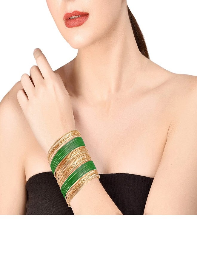 Touchstone Indian Bollywood Colorful 2 Dozen Bangle Collection Golden Glitters Textured Green Color Large Size Designer Jewelry Special Bangle Bracelets Set of 24 in Gold Tone for Women. - Image 2