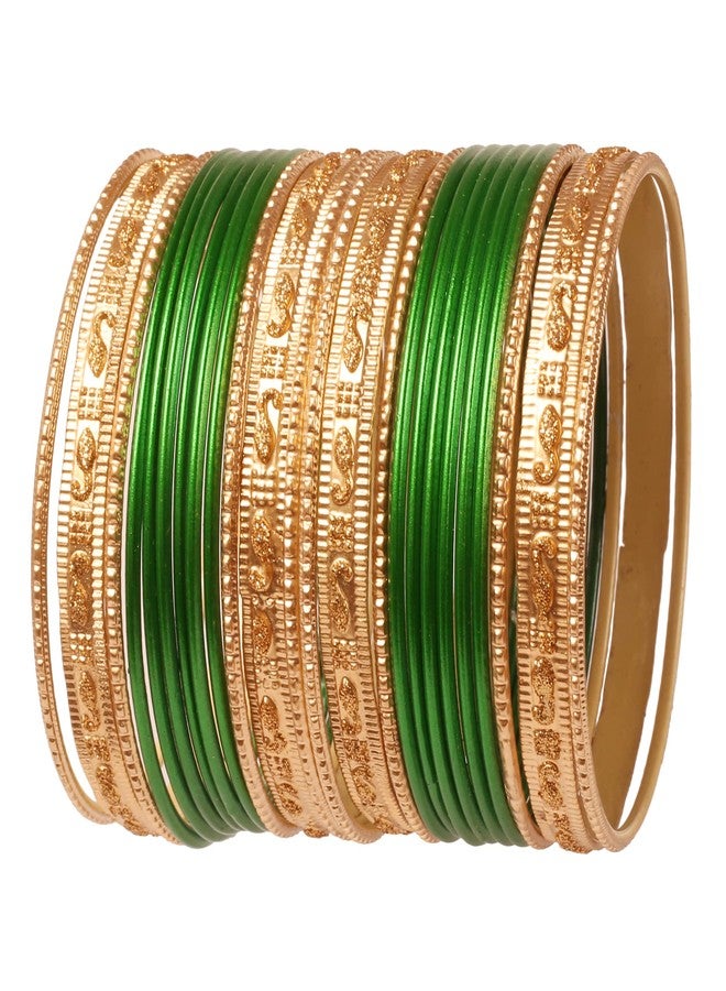 Touchstone Indian Bollywood Colorful 2 Dozen Bangle Collection Golden Glitters Textured Green Color Large Size Designer Jewelry Special Bangle Bracelets Set of 24 in Gold Tone for Women. - Image 1