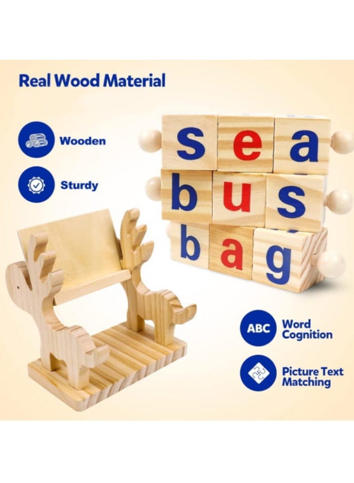 Kizh Wooden Short Letter Novel Blocks Reading Sight Words Spelling Toys Flash Cards Turning Letters Rotating Alphabet Puzzle English Alphabet Montessori Learning Toys for Preschool Kids 1 2 3 Years - Image 2