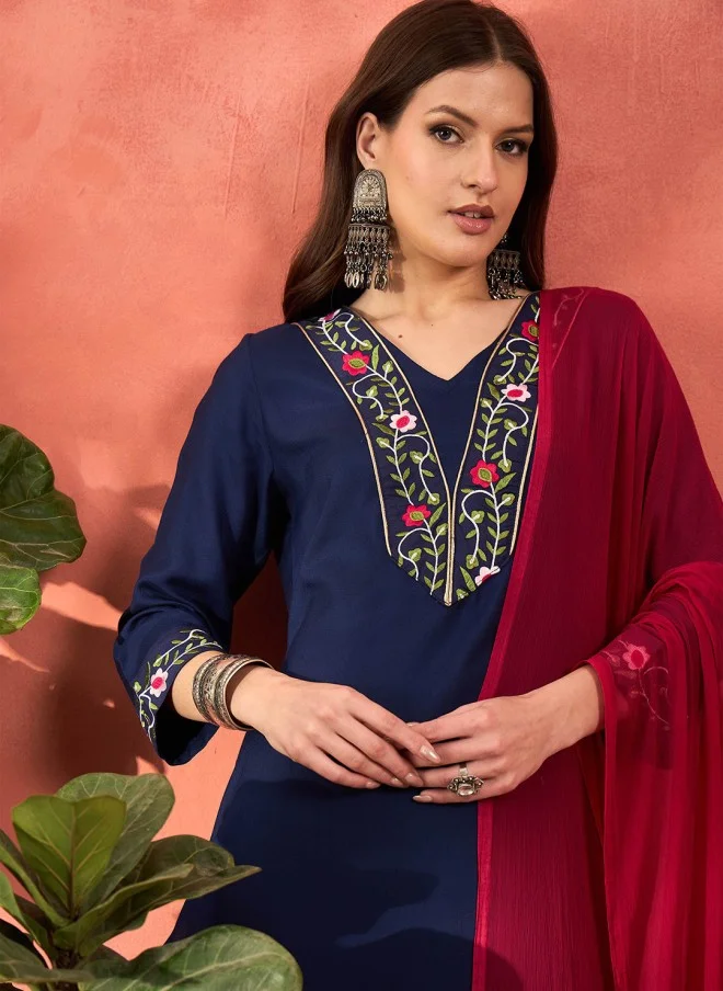 SASSAFRAS Embroidered Kurta with Palazzos and Dupatta for Women
