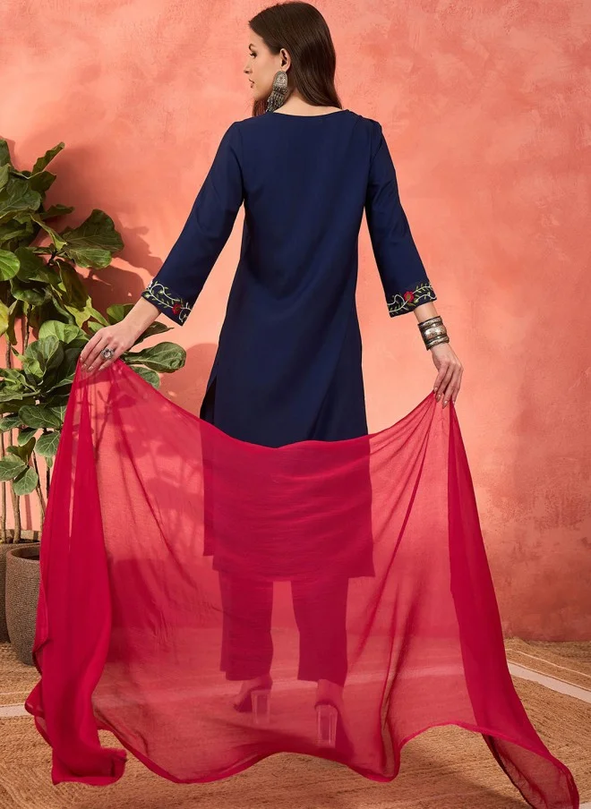 SASSAFRAS Embroidered Kurta with Palazzos and Dupatta for Women
