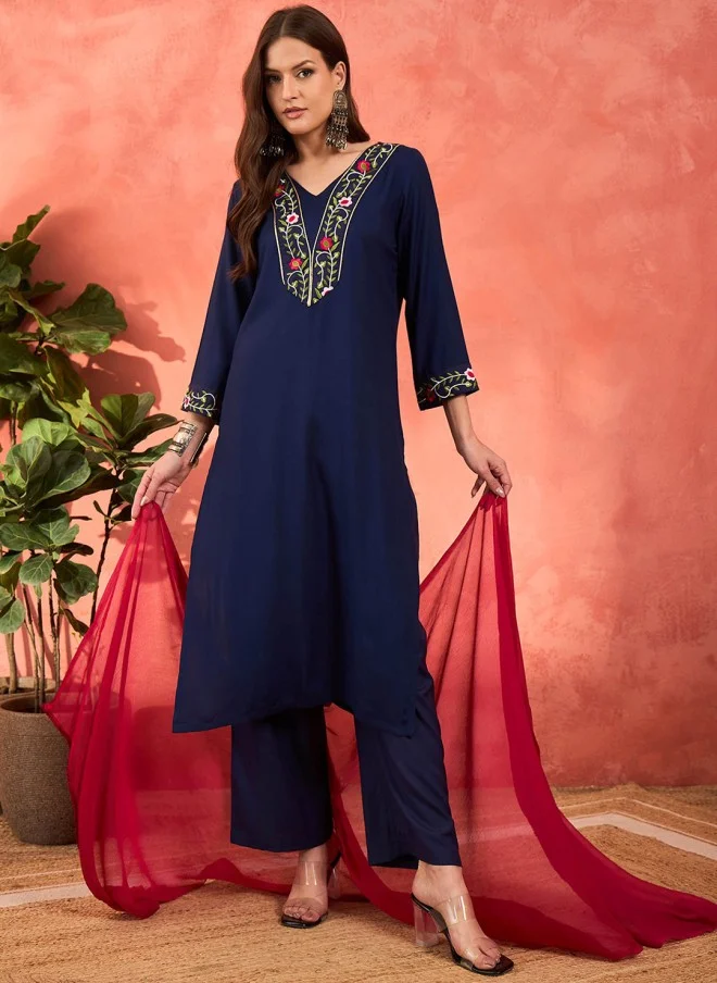 SASSAFRAS Embroidered Kurta with Palazzos and Dupatta for Women