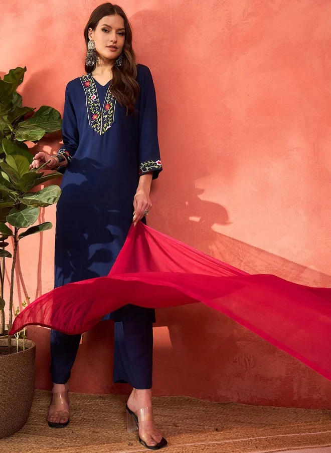 SASSAFRAS Embroidered Kurta with Palazzos and Dupatta for Women
